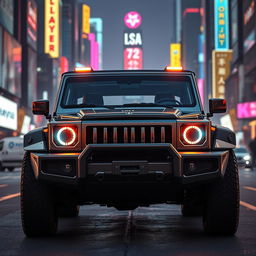 A stunning cyberpunk-themed four-seated retro SUV, viewed from a 45-degree angle at the front