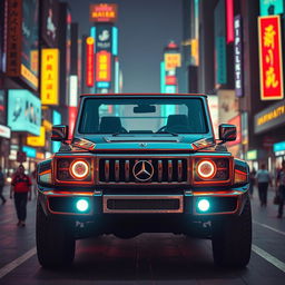 A stunning cyberpunk-themed four-seated retro SUV, viewed from a 45-degree angle at the front