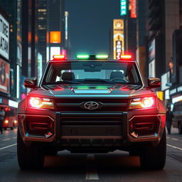 A stunning cyberpunk-themed four-seated retro SUV, viewed from a 45-degree angle at the front