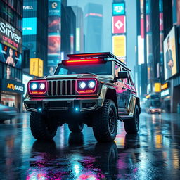 A visually striking cyberpunk four-seated retro SUV, presented from a 45-degree angle at the front