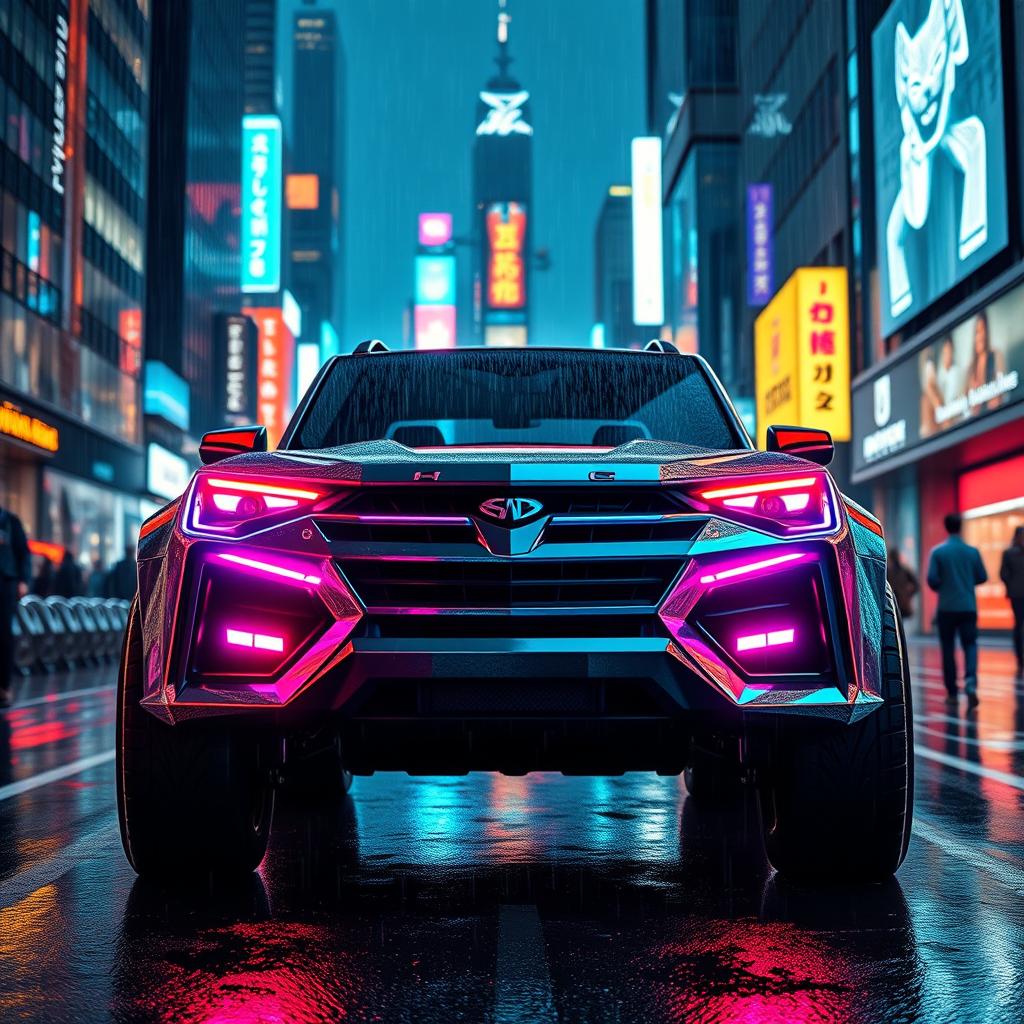 A visually striking cyberpunk four-seated retro SUV, presented from a 45-degree angle at the front