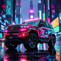 A visually striking cyberpunk four-seated retro SUV, presented from a 45-degree angle at the front