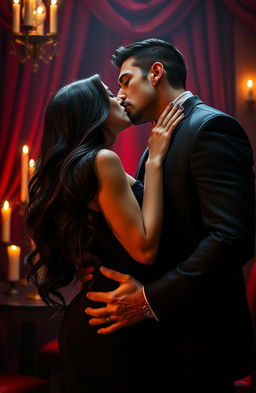 A passionate and intense romance scene depicting a beautiful woman with long flowing dark hair dressed in a stylish black dress, sharing a fiery kiss with a suave and mysterious man dressed in a sharp suit