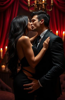 A passionate and intense romance scene depicting a beautiful woman with long flowing dark hair dressed in a stylish black dress, sharing a fiery kiss with a suave and mysterious man dressed in a sharp suit