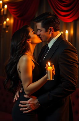A passionate and intense romance scene depicting a beautiful woman with long flowing dark hair dressed in a stylish black dress, sharing a fiery kiss with a suave and mysterious man dressed in a sharp suit