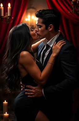 A passionate and intense romance scene depicting a beautiful woman with long flowing dark hair dressed in a stylish black dress, sharing a fiery kiss with a suave and mysterious man dressed in a sharp suit