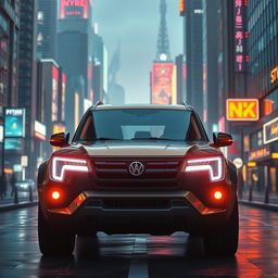A captivating cyberpunk four-seated retro SUV, captured from a 45-degree angle at the front