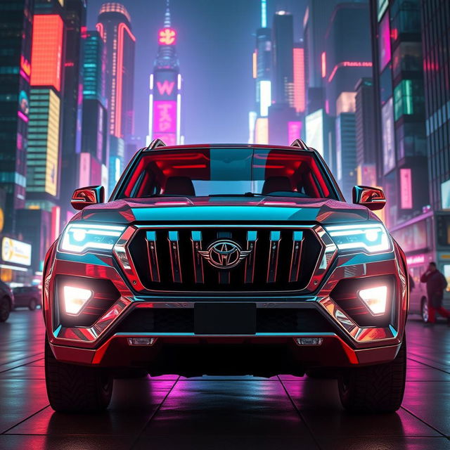 A captivating cyberpunk four-seated retro SUV, captured from a 45-degree angle at the front