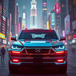 A captivating cyberpunk four-seated retro SUV, captured from a 45-degree angle at the front