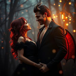A captivating and alluring romance scene featuring a beautiful woman with fiery red hair dressed in a seductive black gown, standing close to a charming devilish figure with pointed horns and a mischievous grin