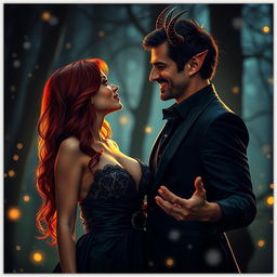 A captivating and alluring romance scene featuring a beautiful woman with fiery red hair dressed in a seductive black gown, standing close to a charming devilish figure with pointed horns and a mischievous grin