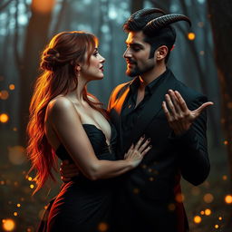 A captivating and alluring romance scene featuring a beautiful woman with fiery red hair dressed in a seductive black gown, standing close to a charming devilish figure with pointed horns and a mischievous grin