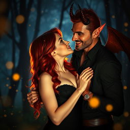 A captivating and alluring romance scene featuring a beautiful woman with fiery red hair dressed in a seductive black gown, standing close to a charming devilish figure with pointed horns and a mischievous grin
