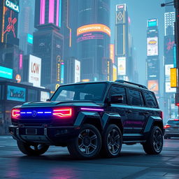 An eye-catching cyberpunk four-seated retro SUV, depicted from a 45-degree view