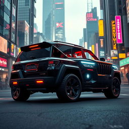 An eye-catching cyberpunk four-seated retro SUV, depicted from a 45-degree view