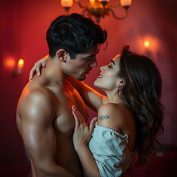 A provocative and sensual image depicting intimate moments between two consenting adults in a rich and vibrant setting