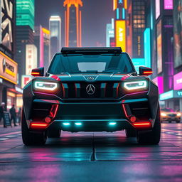 A striking Cyberpunk four-seated Retro SUV captured from a 45-degree front angle view