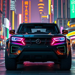 A striking Cyberpunk four-seated Retro SUV captured from a 45-degree front angle view