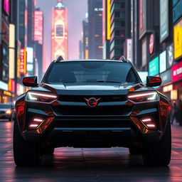 A striking Cyberpunk four-seated Retro SUV captured from a 45-degree front angle view