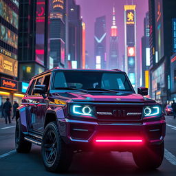 A stunning cyberpunk four-seated retro SUV portrayed from a 45-degree front view