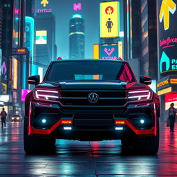 A stunning cyberpunk four-seated retro SUV portrayed from a 45-degree front view