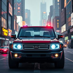 A captivating cyberpunk four-seated retro SUV showcased from a 45-degree front view