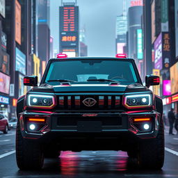 A captivating cyberpunk four-seated retro SUV showcased from a 45-degree front view