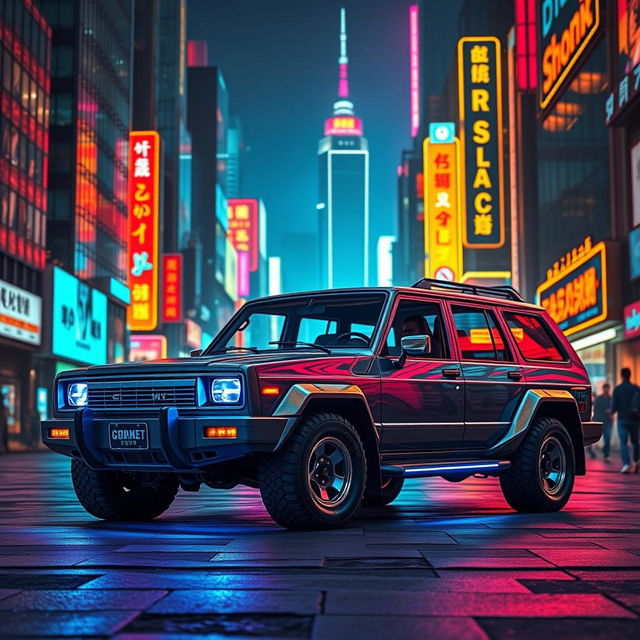 A captivating cyberpunk four-seated 1980s-style SUV showcased from a 45-degree front view