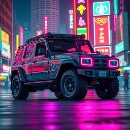 A captivating cyberpunk four-seated 1980s-style SUV showcased from a 45-degree front view
