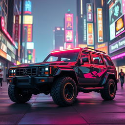 A captivating cyberpunk four-seated 1980s-style SUV showcased from a 45-degree front view