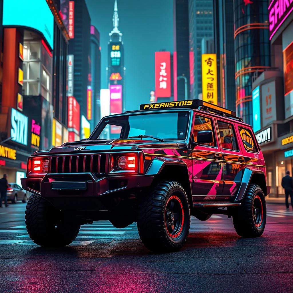 A captivating cyberpunk four-seated 1980s-style SUV showcased from a 45-degree front view