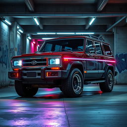 A striking cyberpunk four-seated 1980-style SUV displayed from a 45-degree front view, set in an underground parking garage