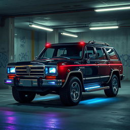 A striking cyberpunk four-seated 1980-style SUV displayed from a 45-degree front view, set in an underground parking garage