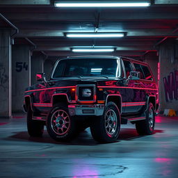 A striking cyberpunk four-seated 1980-style SUV displayed from a 45-degree front view, set in an underground parking garage