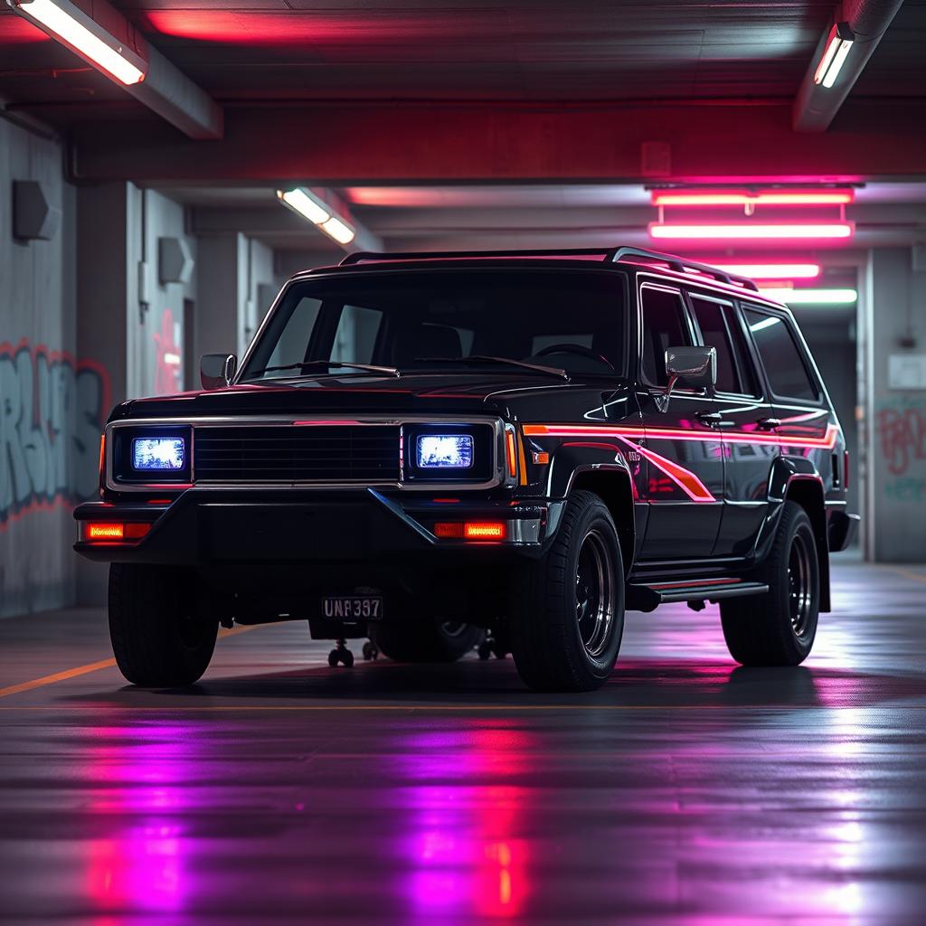 A striking cyberpunk four-seated 1980-style SUV displayed from a 45-degree front view, set in an underground parking garage