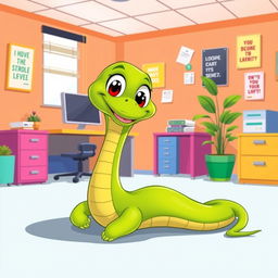 A green cartoon snake sitting comfortably in an office environment, designed in a vibrant vector style