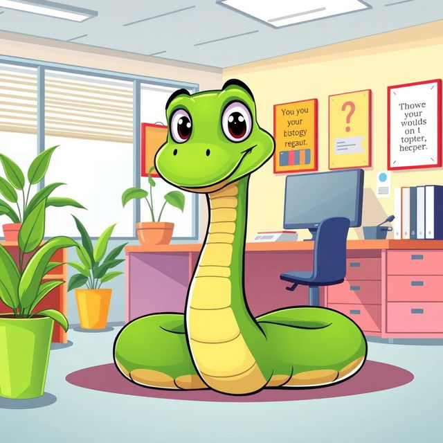 A green cartoon snake sitting comfortably in an office environment, designed in a vibrant vector style