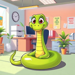 A green cartoon snake sitting comfortably in an office environment, designed in a vibrant vector style
