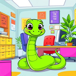 A green cartoon snake sitting comfortably in an office environment, designed in a vibrant vector style