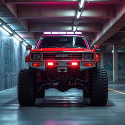 A striking cyberpunk four-seated high suspension 1980-style SUV displayed from a 45-degree front view, situated in an underground parking garage