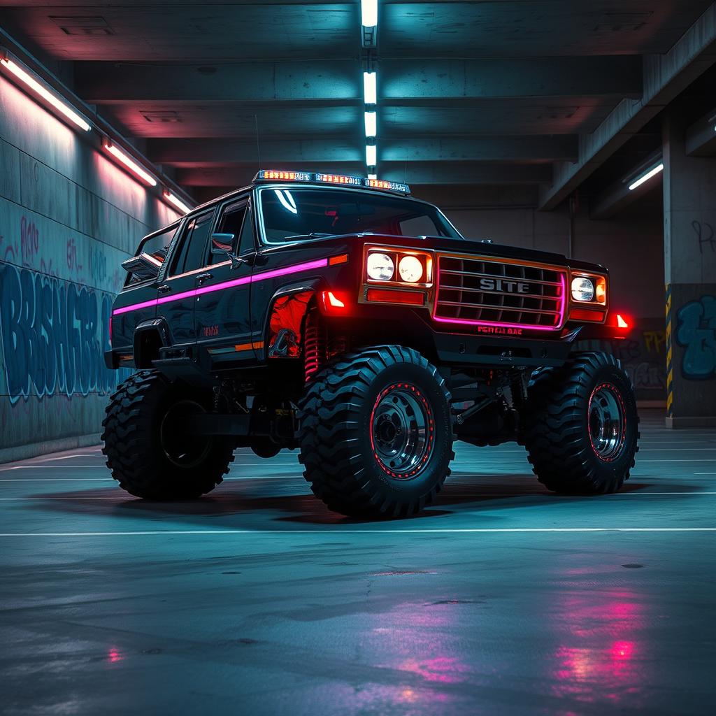 A striking cyberpunk four-seated high suspension 1980-style SUV displayed from a 45-degree front view, situated in an underground parking garage