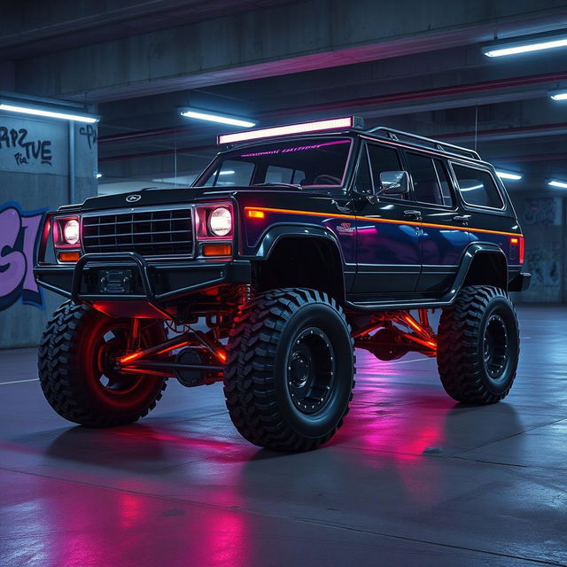 A striking cyberpunk four-seated high suspension 1980-style SUV displayed from a 45-degree front view, situated in an underground parking garage