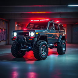 A striking cyberpunk four-seated high suspension 1980-style SUV displayed from a 45-degree front view, situated in an underground parking garage