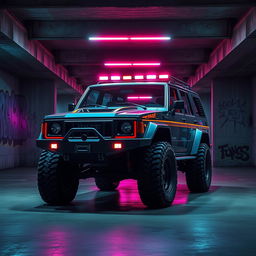 A compelling cyberpunk four-seated high suspension 1980-style SUV presented from a 45-degree front view, positioned in an underground parking garage