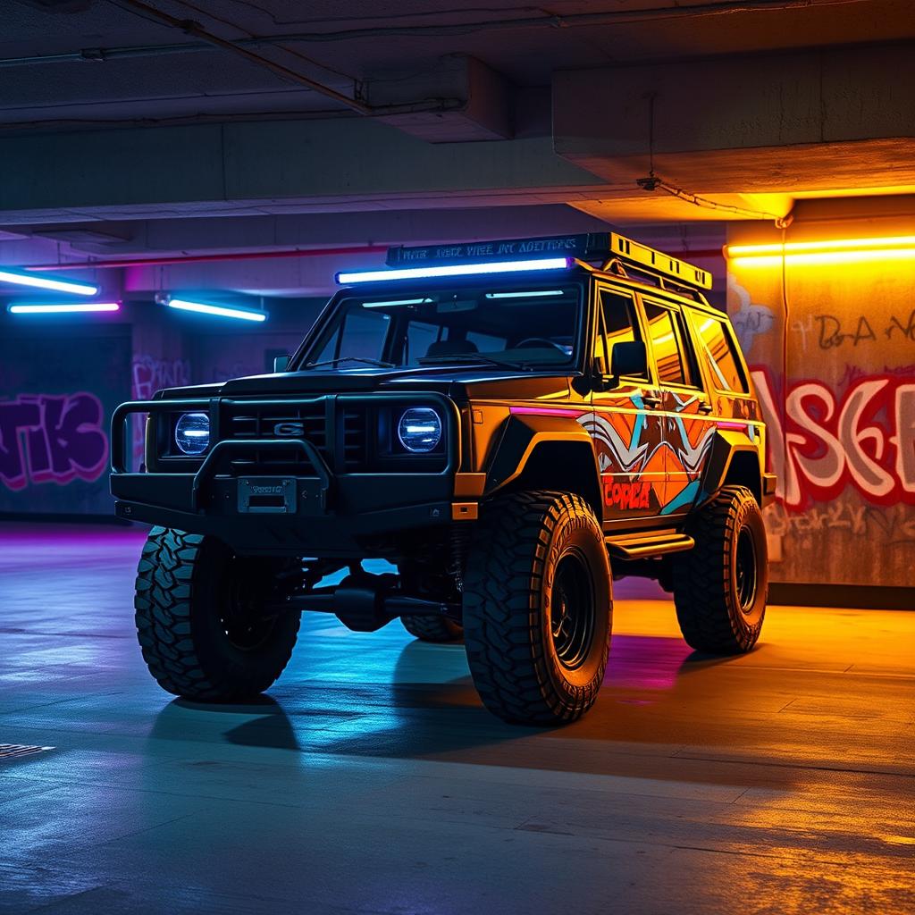 A compelling cyberpunk four-seated high suspension 1980-style SUV presented from a 45-degree front view, positioned in an underground parking garage