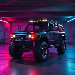 A compelling cyberpunk four-seated high suspension 1980-style SUV presented from a 45-degree front view, positioned in an underground parking garage