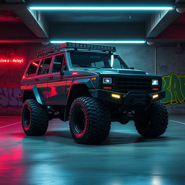 A compelling cyberpunk four-seated high suspension 1980-style SUV presented from a 45-degree front view, positioned in an underground parking garage