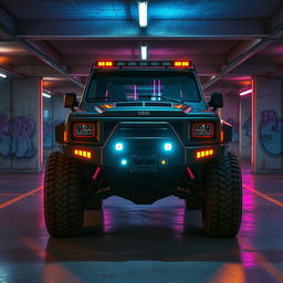 A visually captivating cyberpunk four-seated high suspension 1980-style SUV showcased from a 45-degree front view, located in an underground parking garage