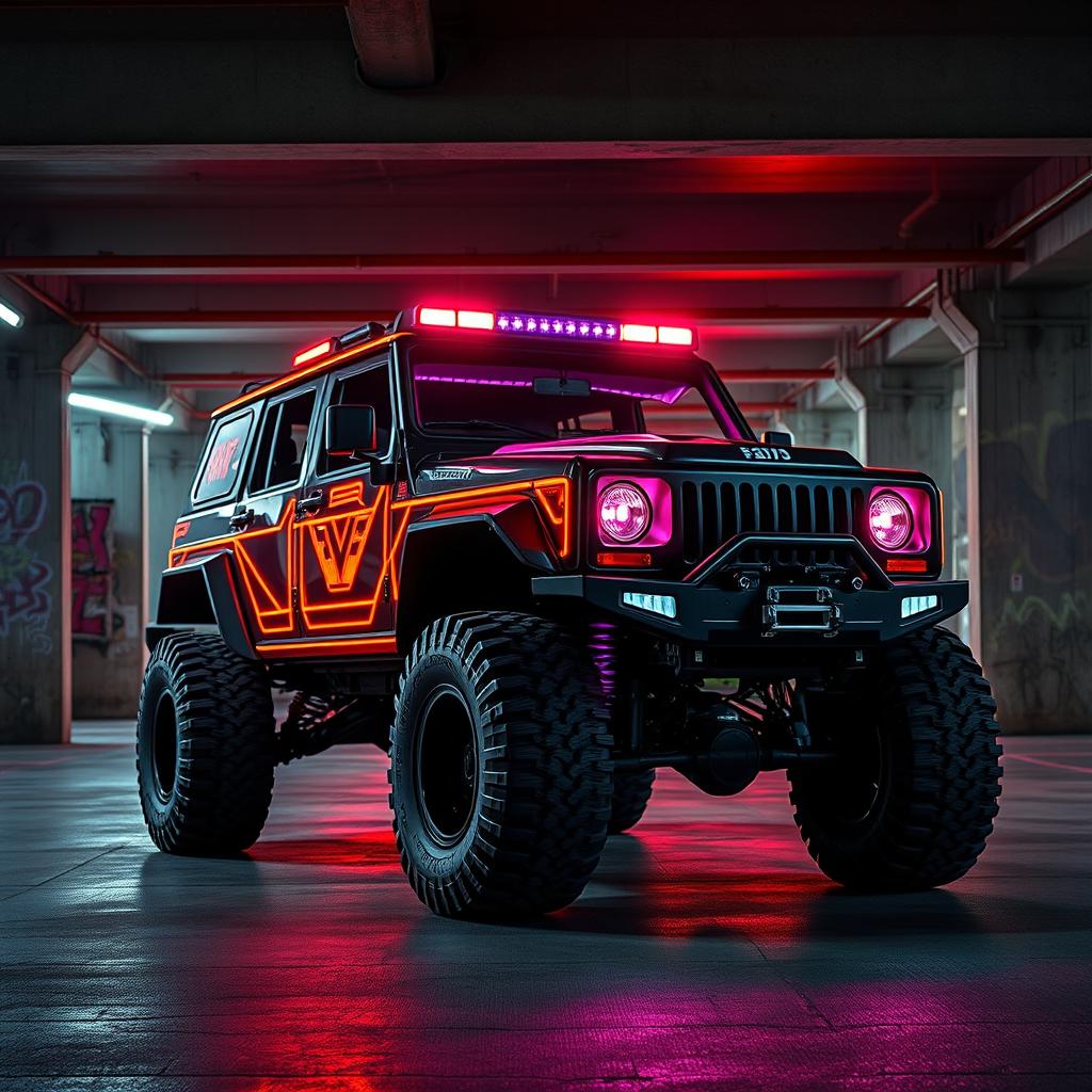 A visually captivating cyberpunk four-seated high suspension 1980-style SUV showcased from a 45-degree front view, located in an underground parking garage