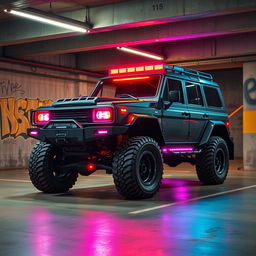 A visually captivating cyberpunk four-seated high suspension 1980-style SUV showcased from a 45-degree front view, located in an underground parking garage